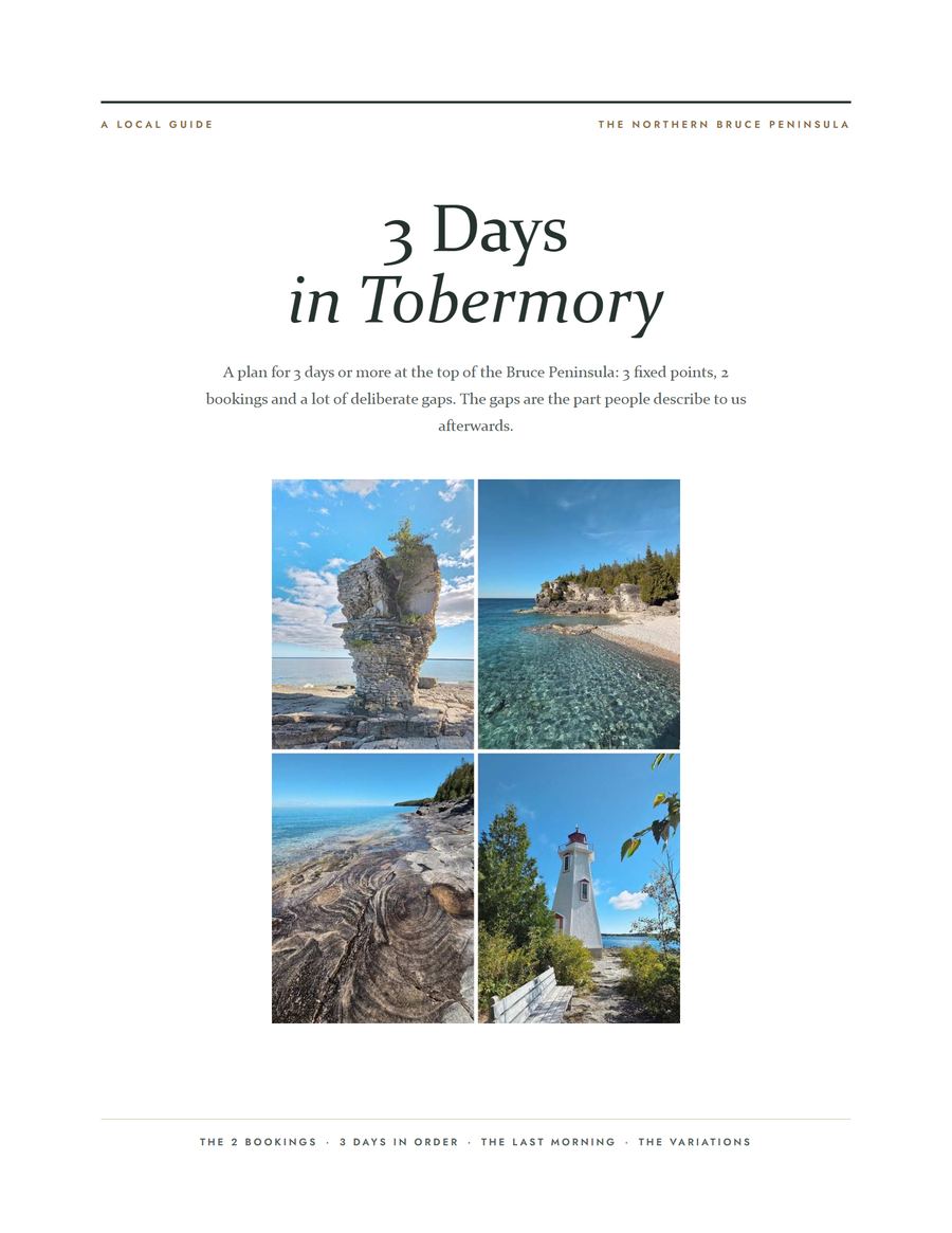 The guide cover: the title 3 Days in Tobermory above a 4 photo collage of the peninsula