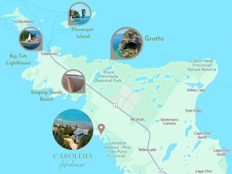 Map of the Northern Bruce Peninsula showing Casolena near Johnston Harbour, with Big Tub Lighthouse, Flowerpot Island, the Grotto and Singing Sands Beach marked around it