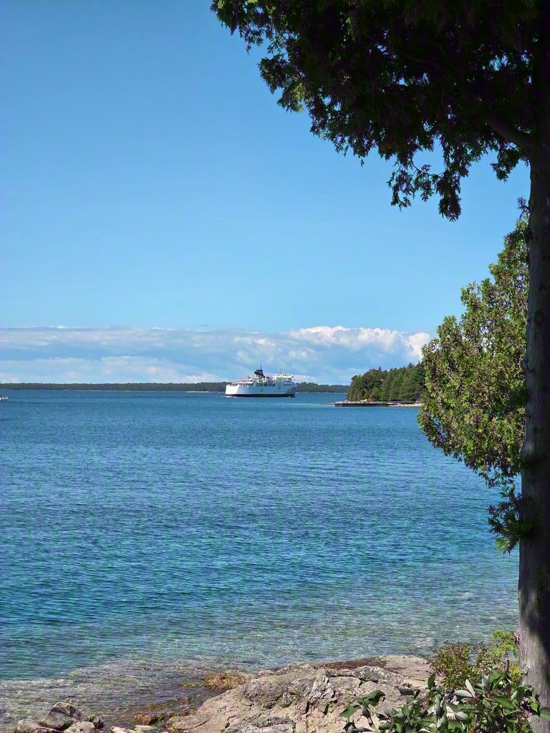 The Chi-Cheemaun seen across the water through cedar branches from the limestone shore