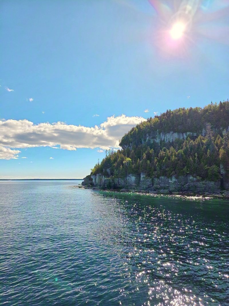 A forested headland on Flowerpot Island under bright sun with sparkling open water in front