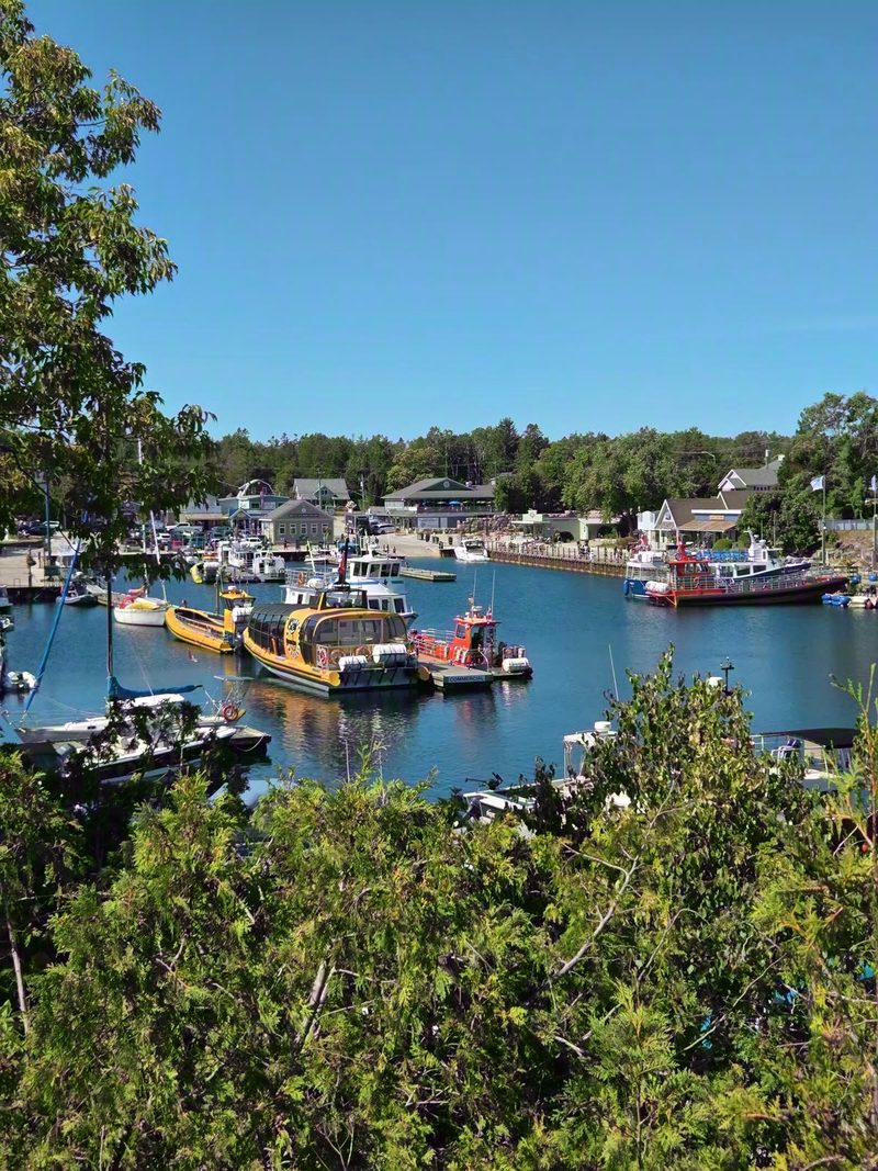Boats moored around Little Tub Harbour on a clear summer morning