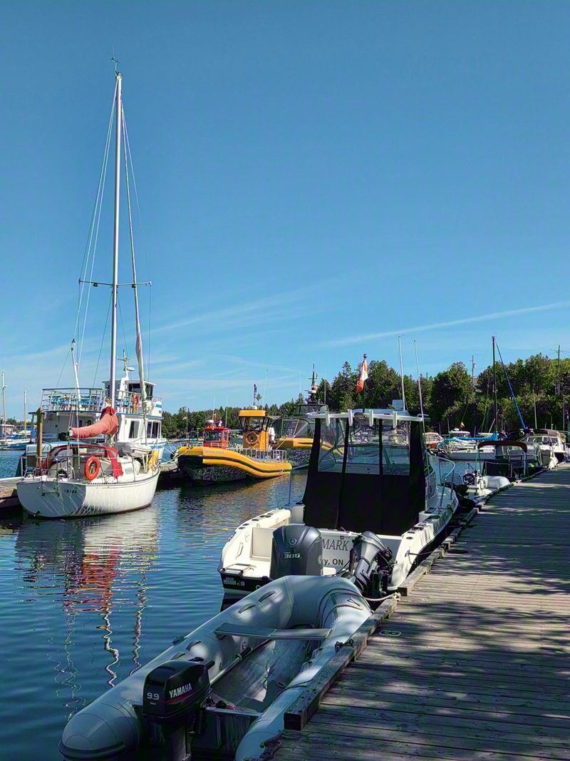 Tour boats, dive boats and zodiacs moored along the dock at Little Tub Harbour in Tobermory