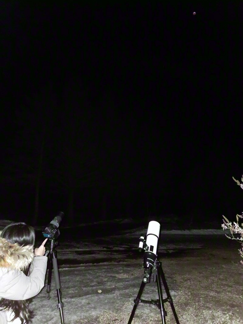 2 people on a dark shore with a small telescope and a camera on tripods, pointed at the reddened eclipsed moon
