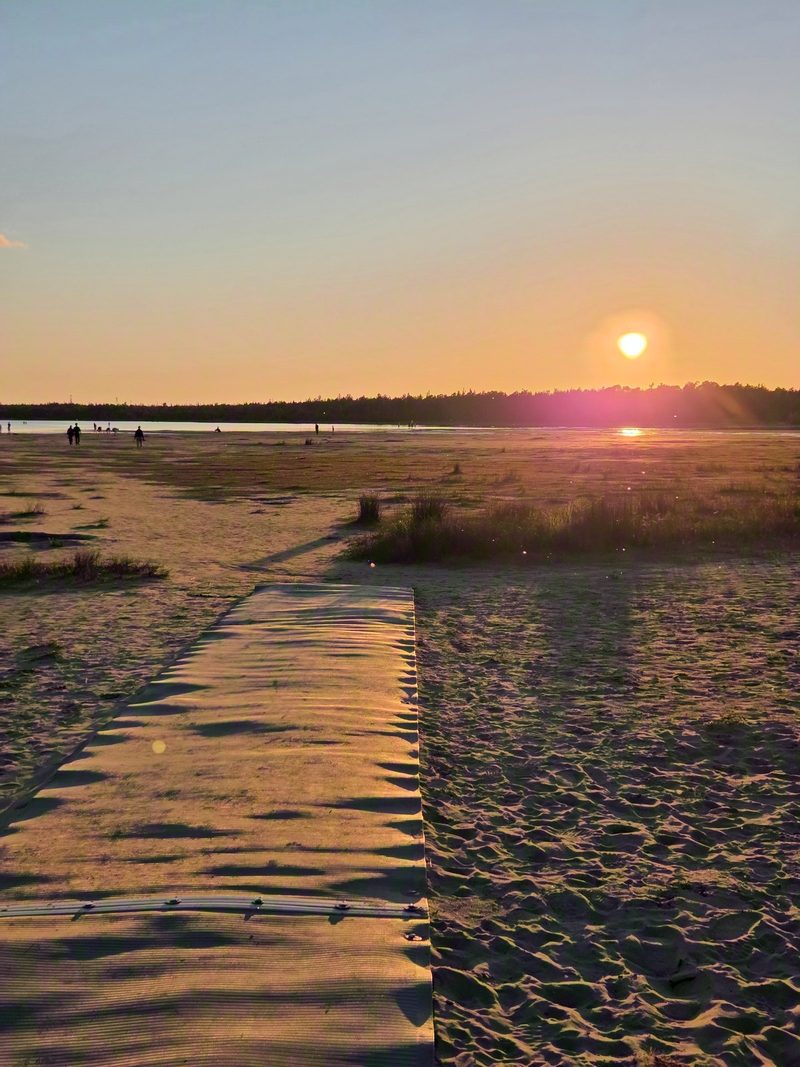 Ripple patterns in the wet sand flats at Singing Sands in low golden light