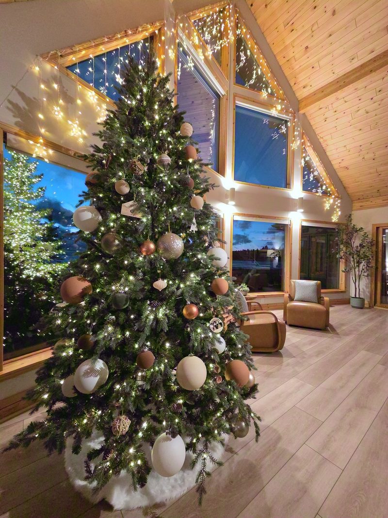 A tall lit Christmas tree glowing against the great room's darkening windows at dusk