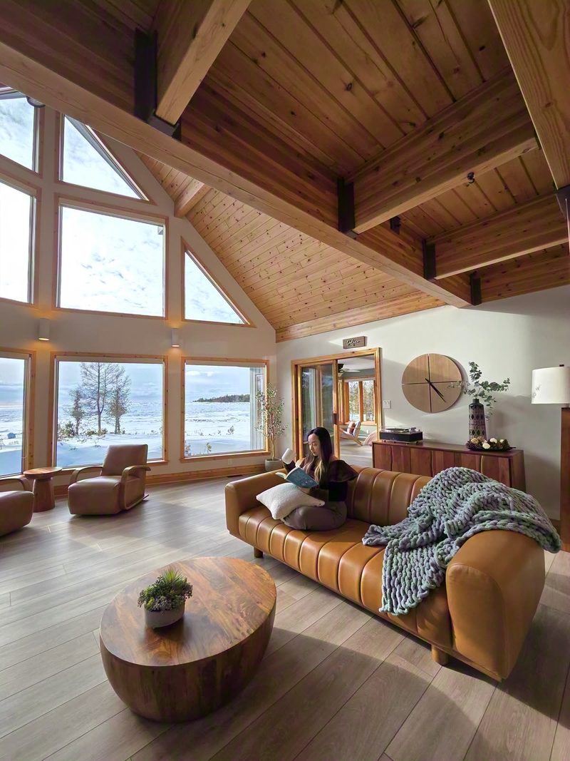Reader curled under a chunky gray knit blanket on the leather couch, prow windows over the frozen lake