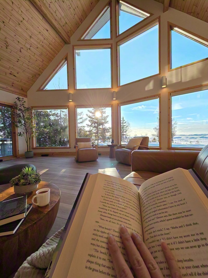 Reader's view of an open book held above the round table, coffee alongside and the snowy lake through the windows