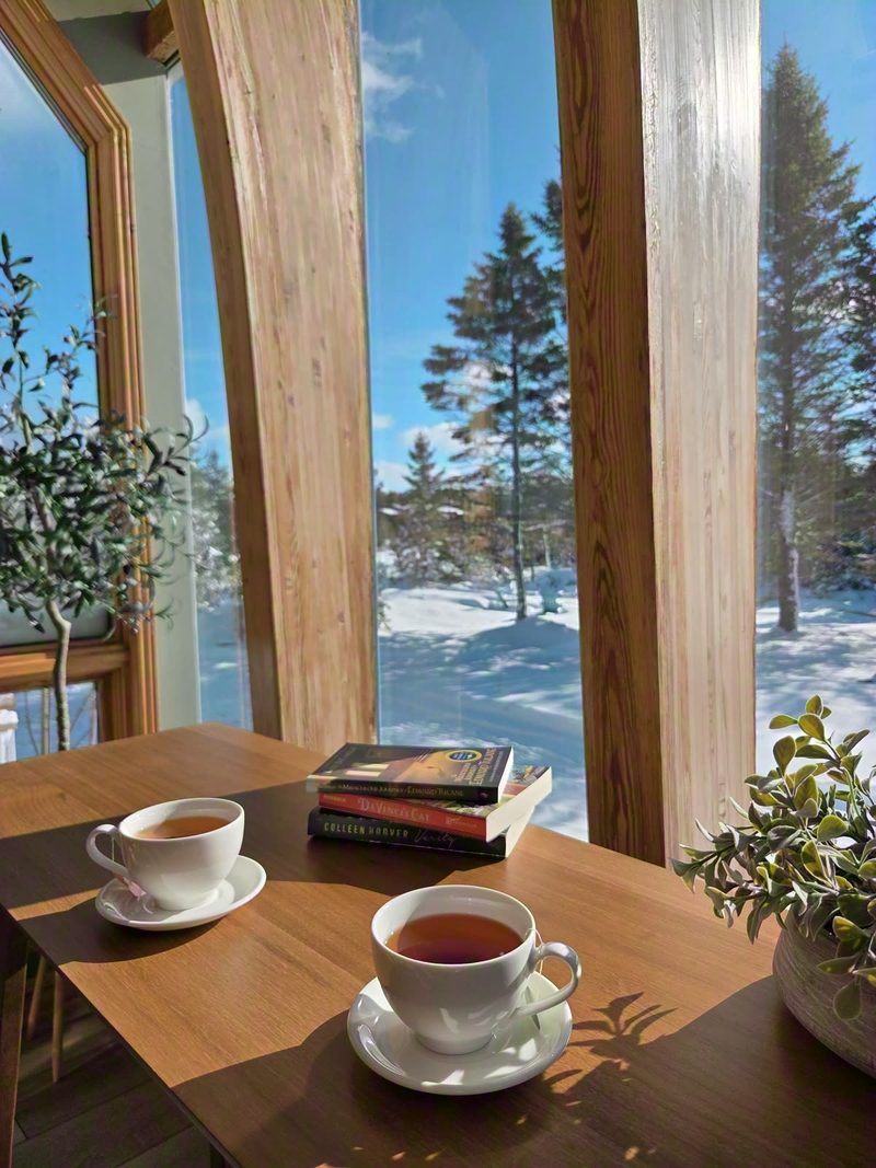 Two cups of tea and a stack of books on a table beside a tall window onto snowy trees