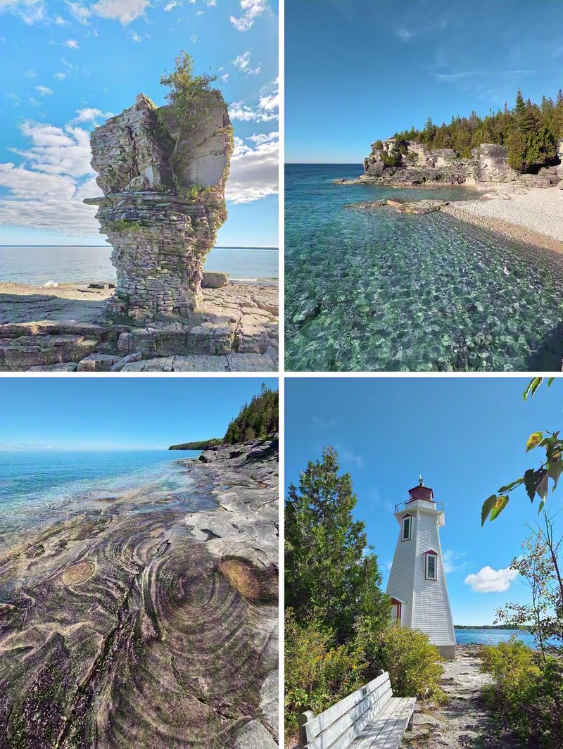A 4 photo collage of the Flowerpot Island sea stack, the turquoise water at Indian Head Cove, the fossil shore at Little Cove and Big Tub Lighthouse